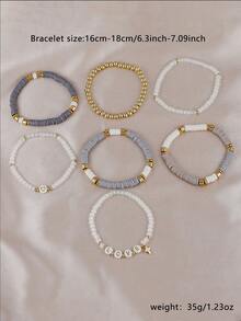 7Pcs Elastic Stackable Heishi Beaded Bracelet Set, LOVE Letter & Cross Charm Jewelry, Gray White Gold Bracelets For Daily Wear & Party - Multicolor - View 5