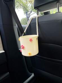 Flower Car Trash Can, Faux Pearl Hanging Chain, ABS Material Car Back Seat Hanging Trash Can, Car Storage Bin Multi-Function Storage Bucket Car Cleaning Bucket Material Accessories. - Flowers - View 4