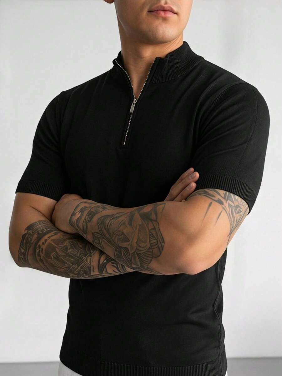 ZYNTH BALENO 男士夏季時尚拉鍊短袖針織衫，適合健身、騎單車、跑步運動 - 黑色 - 查看 1