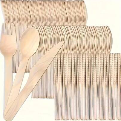 5/25/50/100/150/300pcs Wooden Cutlery Set, Salad Fork & Spoon, Disposable Party Utensils, Portable Cutlery, Dessert Spoon, Suitable For Cake, Dessert, Salad, Burger, Sandwich, Fruit, Sushi, Pasta, Snacks, Baking, Perfect For Birthday Party, Wedding, Mother's Day, Kitchen Restaurant, Picnic Supplies, Holiday Picnic Party Supplies, Camping Accessories, Gathering And Other Occasions