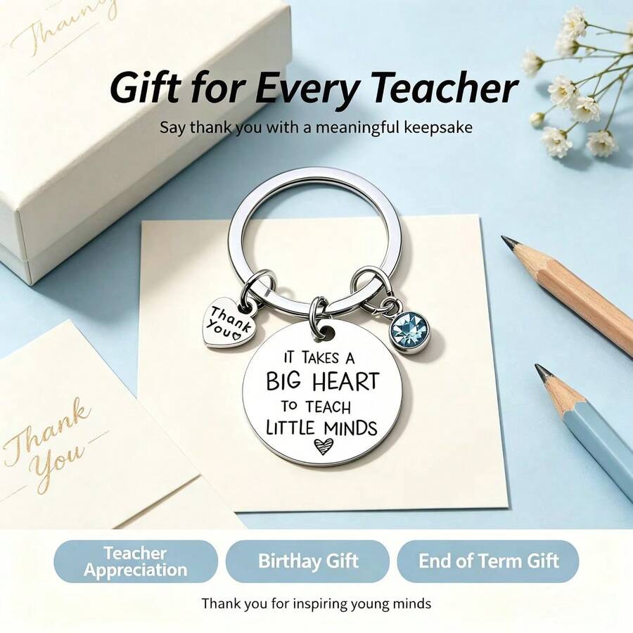 Stainless Steel Teacher Appreciation Keychain, Engraved [It Takes A Big Heart To Shape Little Minds]Key Ring, Heart-Shaped Rhinestone Pendant Key Chain, Teacher's Day, Back To School, Birthday Gift, Student Appreciation Gift For Preschool/Kindergarten Teachers - Blue - View 1