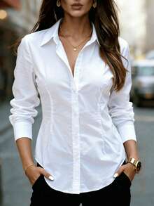 Plus Size Women's Long Sleeve Button Shirt, Ruched Waist Slim Fit Top For Casual Business Office, Daily Wear, Spring Summer Fall Winter White - White - View 1