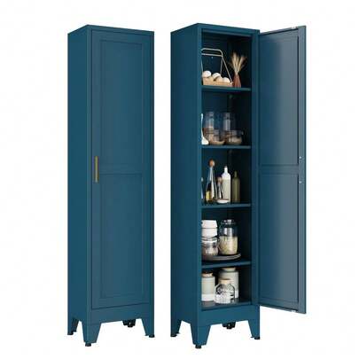 White Narrow Metal Storage Cabinet, Tall Freestanding Cabinet With 4 Adjustable Shelves Amp Barn Doors, Pantry Organizer For Ba