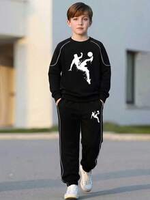 Boys Spring/Autumn Set, Raglan Sleeve, Soccer Print Crew Neck Long Sleeve Top + Casual Long Pants 2-Piece Outfit, Suitable For 4-12 Years Old Boys, Outdoor, Vacation - Black - View 2