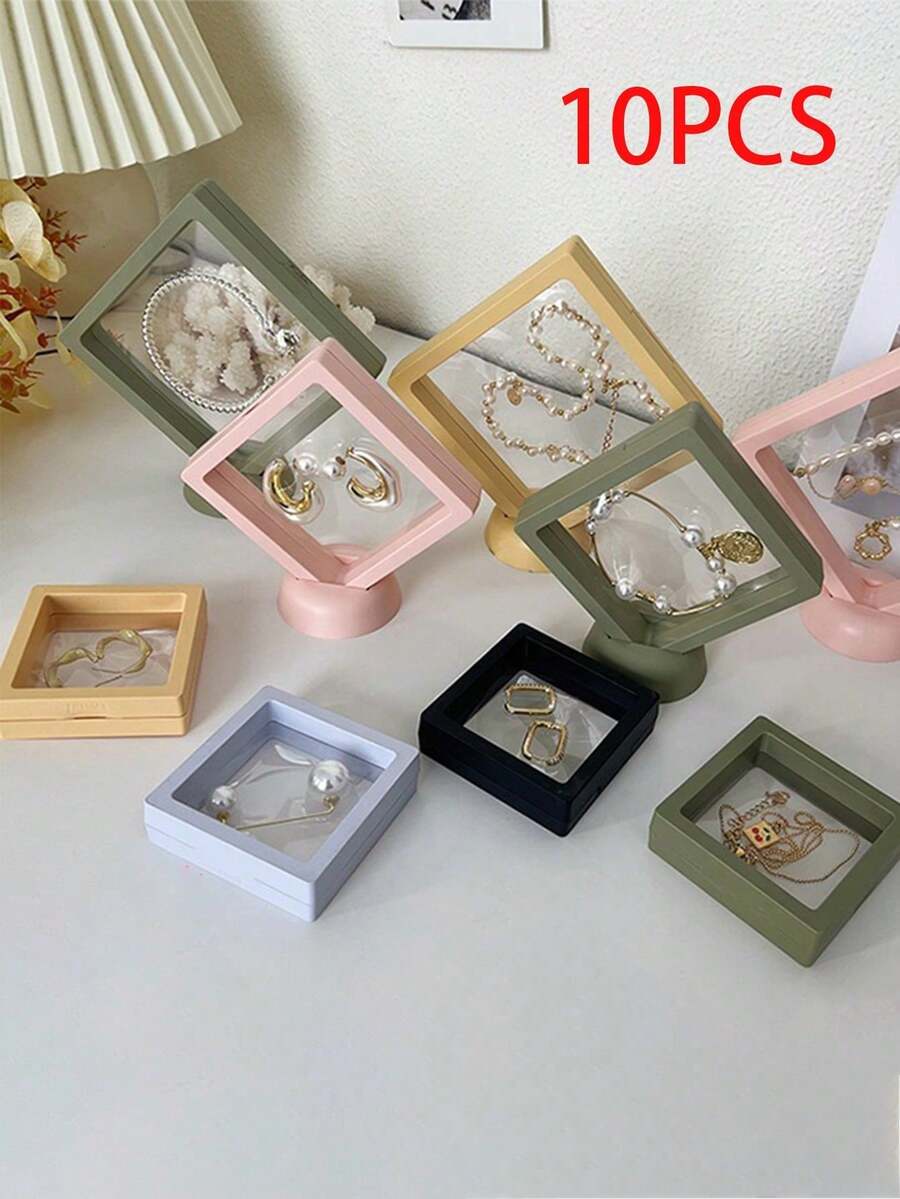 10pcs Pink Colorful PE Film Jewelry Packaging Boxes, Waterproof Anti-Oxidation Portable 3D Independent Floating Frame Film For Rings, Earrings, Necklaces Gift Packaging