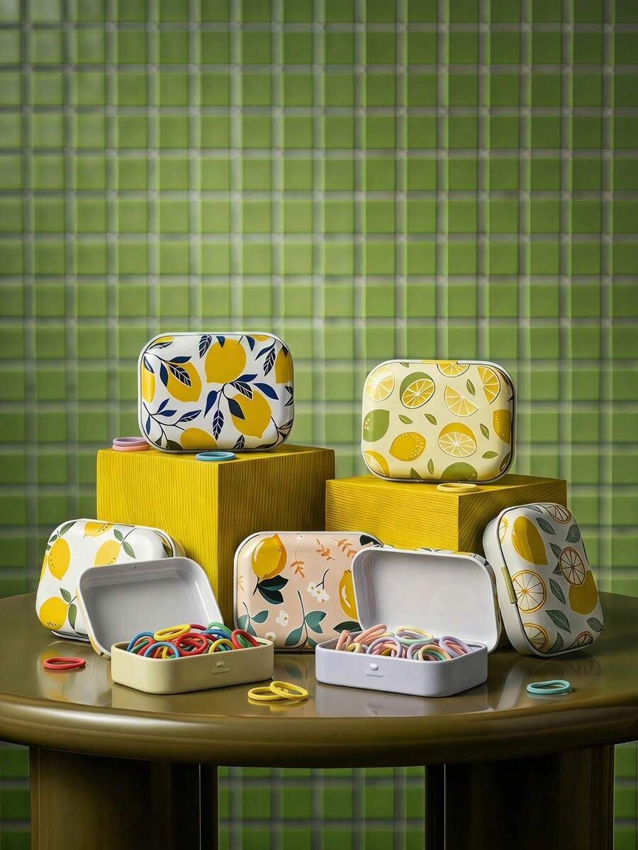 4/2/1pc Small Rectangular Metal Tin Can Printed With Lemon Patterns, Portable Decorative Storage Container For Candy, Handicrafts, Holiday Souvenirs, Cosmetics, Stationery & Tiny Home Decor Accessories-Portable Decorative Candy Storage Jar - Multicolor - View 1