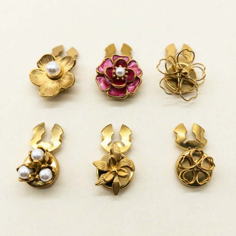 1 Pc Assorted Flower Cufflinks With Pearl & Enamel, No-Sew Formal Shirt Accessories For Men
