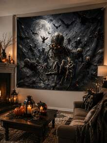 1pc Halloween Skeleton Swarm Backdrop, Full Moon, Flying Bats, Glowing Eyes And Reaching Bone Hand Print Polyester Rectangular Background Cloth With 4 Grommets For Porch, Photo Booth, Haunted House, Horror Party And Fall Decor - Multicolor - View 6