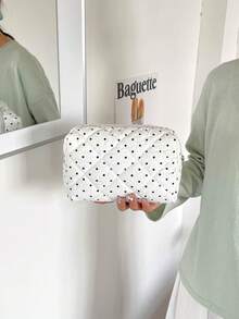 時尚多功能絎縫刺繡格紋加厚化妝包 學生鉛筆袋 波點圖案 休閒手提包 保暖羽絨收納袋 - 白色 - 查看 8