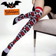 1pc Women's Novelty Poker Card Pattern Thigh High Socks, Black & White Plaid Heart Club Print Socks, Suitable For Halloween Queen Cosplay Gothic Party Costume Accessories - Black - View 4