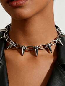 1pc Punk Studded Choker Necklace, Y2K Rock Style Chunky Chain Neck Accessory, Suitable For Women's Party And Daily Wear, Music Festival Dance Party Accessory, Halloween Accessory (Material Is CCB Plastic, Relatively Lightweight) - Silver - View 1
