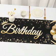1pc 13.78*70.87 Inch Black & Gold Polyester Tablecloth, Suitable For Birthday, Wedding, Family Holiday Party And Dining Table Decoration, Includes Disposable Table Runner - Multicolor - View 8