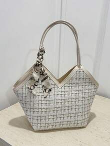 Sac cabas d'épaule en tweed avec décoration de nœud, léger et portable, style décontracté et mode, motif à carreaux, écharpe fine décorative, pour filles, femmes et étudiantes - Blanc - Voir 10