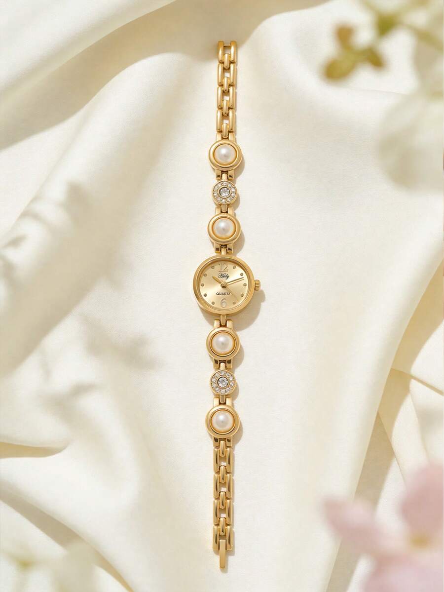 1 Piece Small Round Dial Women's Quartz Watch, Alloy Strap, Pearl With Rhinestones, Gold Case Gold Dial, Gentle And Luxurious Gift Women's Watch - Gold - View 1