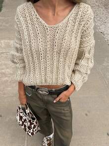 Women's Casual Autumn/Winter Solid Color V-Neck Drop Shoulder Long Sleeve Knit Sweater Top - Apricot - View 1