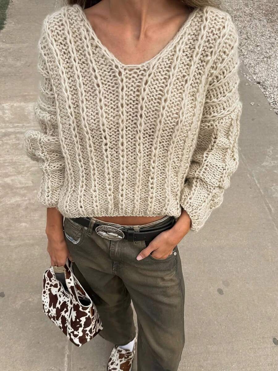 Women's Casual Autumn/Winter Solid Color V-Neck Drop Shoulder Long Sleeve Knit Sweater Top - Apricot - View 1