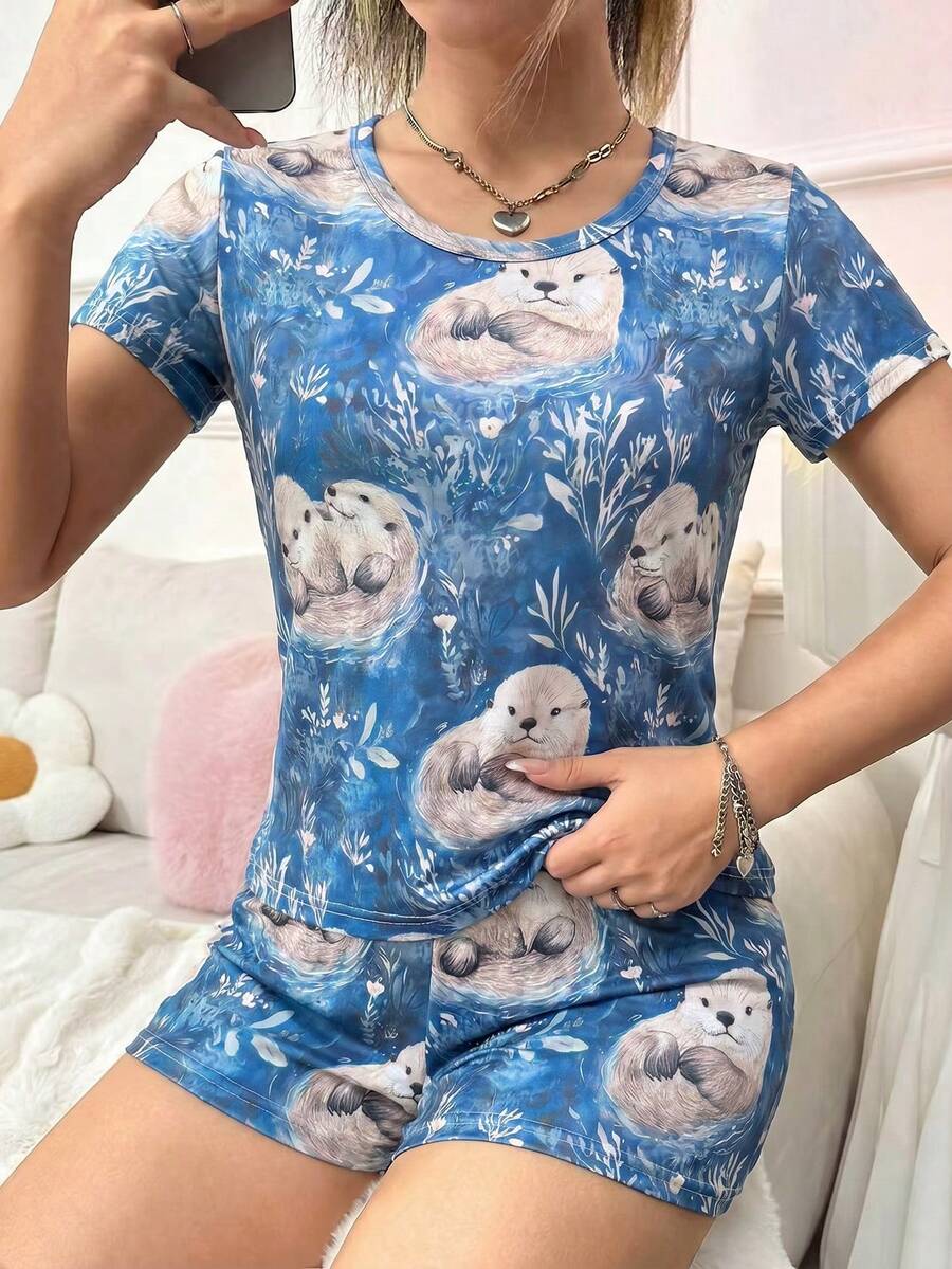 Women's Otter Print Short Sleeve Pajama Shorts Set, 2 Pieces - Blue - View 1