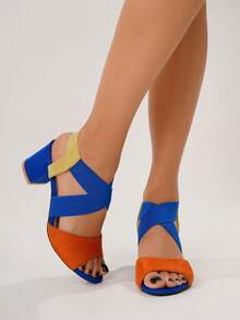 Fashionable Chunky Heel Elastic Band Sandals, Peep Toe High Heel Sandals For Spring And Summer - Multicolor - View 8