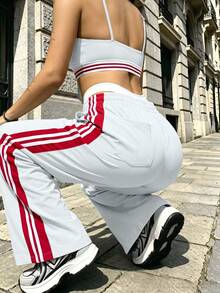 Women's White Wide Leg Drawstring Side Stripe Long Pants, Polyester Non-Stretch Long Pants With Pockets, Suitable For Casual Autumn Wear - Light Grey - View 4