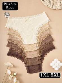 5 piezas Bragas para mujer talla grande, diseño con lazo, ribete de encaje, acanaladas, cómodas y suaves, de alta calidad en tonos tierra - Multicolor - Ver 2