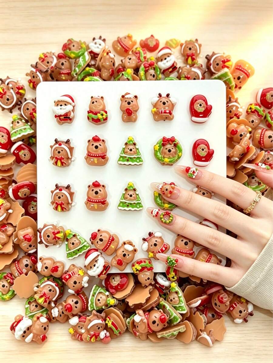 10-100pcs Cute 3D Christmas Bear Resin Nail Charms, Kawaii Santa Tree Wreath Cartoon Nail Decorations, Glossy Mini Xmas Nail Studs For DIY Manicure Acrylic Nails - Multicolor - View 1