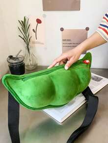 Funny Personalized Cute Pea One Shoulder Crossbody Chest Bag, Cute 3D Bean-Shaped Plush Crossbody Bag, Green Pea Pod Shoulder Bag With Zipper Closure, Creative Pea Pod Design, Suitable For Spring Outfits, Parties, Gifts, Bean Theme Shoulder Bag, Cute Green Soybean Shaped Crossbody Bag, Novelty Bag - Cute Pea-Shaped Fun Plush Chest Bag For Women, Suitable For Travel, Gatherings - Green - View 5
