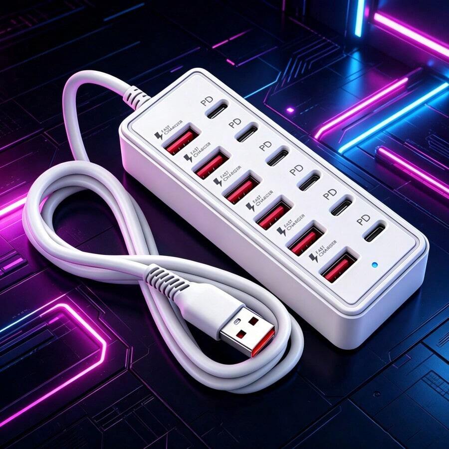 12口USB快速充電站 - 6個Type-C PD + 6個USB-A接口，單口最高25W，緊湊設計，高速充電，適用於筆記本電腦/平板電腦/多台設備，工作空間電源中心，為科技愛好者設計，12口USB快速充電站 – 6個Type-C PD接口和6個USB-A接口，適用於平板電腦/多台設備。具有緊湊設計、高速充電和USB適配器工作空間電源中心。科技必需品