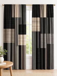 2pcs Modern Geometric Plaid Print Decorative Curtains, No-Drill Rod Pocket Design, Easy Installation And Removable, Polyester Material, Suitable For Living Room, Bedroom And Nordic Home Decor - Multicolor - View 5