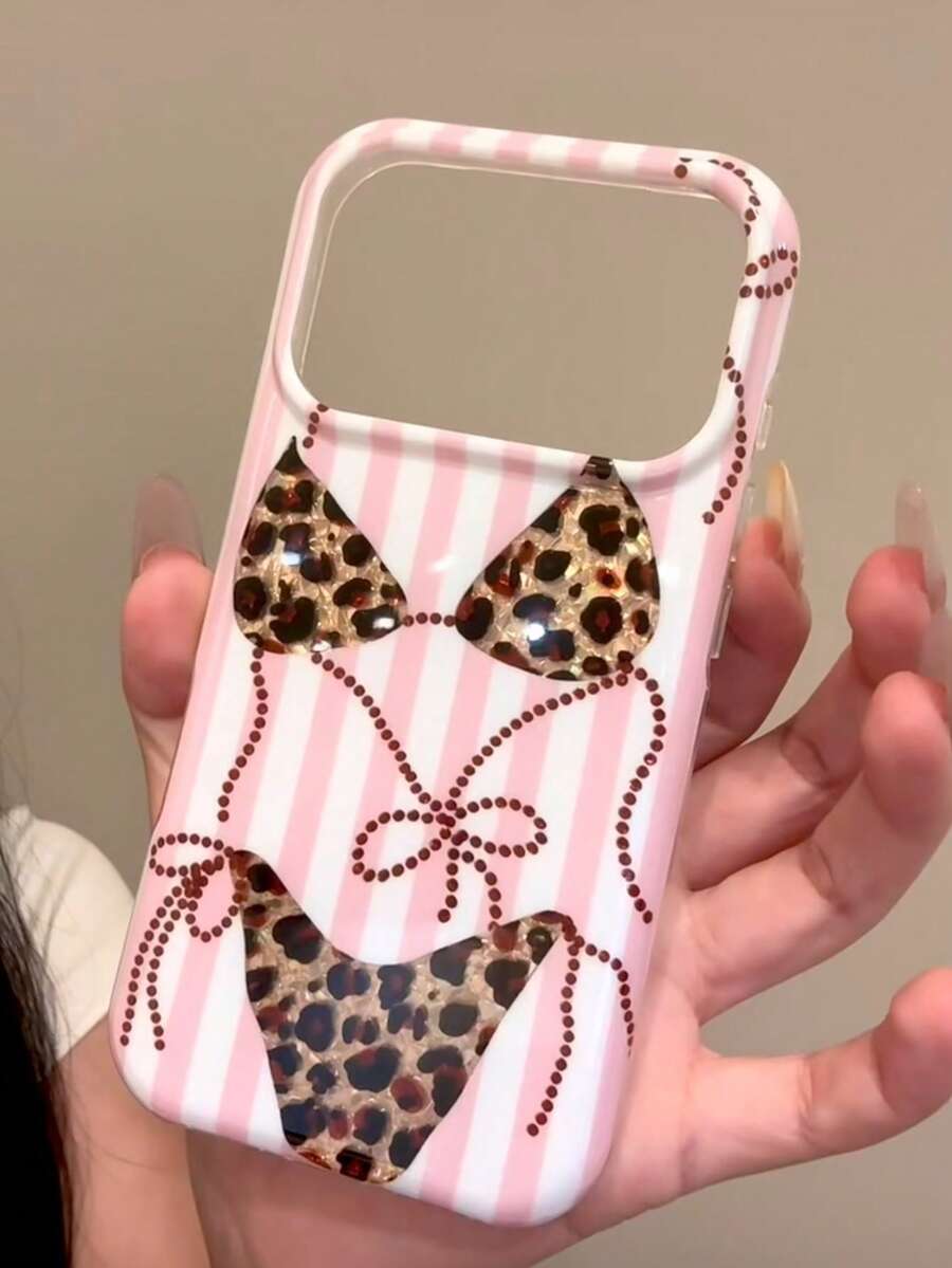 Striped Sweet & Cool Leopard Print Phone Case Compatible With IPhone 17 Pro Max, New Korean Ins Style Aesthetic, Creative Niche Premium Full Coverage Anti-Drop With Lanyard For IPhone 16/15 - Pink - View 1