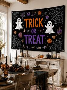 1件裝黑色萬聖節 Trick Or Treat 幽靈印花牆掛布，萬聖節風格聚酯纖維長方形掛旗，含蜘蛛網、糖果與南瓜元素，適用臥室、宿舍、派對、鬼屋與秋季裝飾 - 多色 - 查看 7
