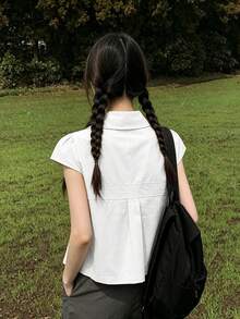 女款職場穿搭彼得潘領短袖襯衫，夏季韓系復古設計，3顆鈕扣寬鬆版型荷葉袖上衣，白色 - 白色 - 查看 3