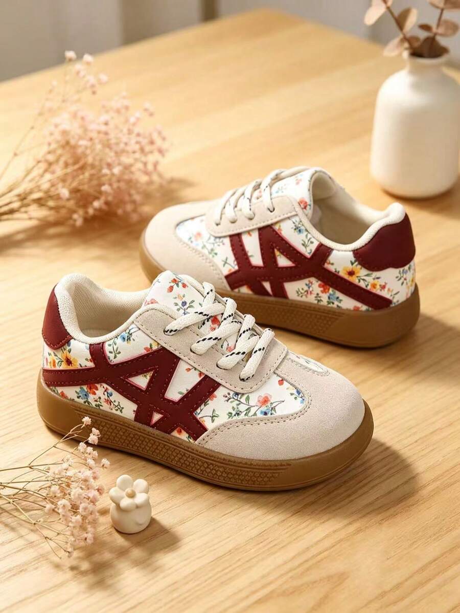 1 Pair Kids Cream Base Floral + Burgundy Cross Strap Training Shoes ...