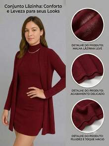 Winter Set: Cardigan + Tank Dress With Lace Collar - Redwood - View 2