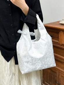 韓系清新蕾絲花卉帆布女款大容量單肩托特包 通勤腋下包 - 白色 - 查看 3