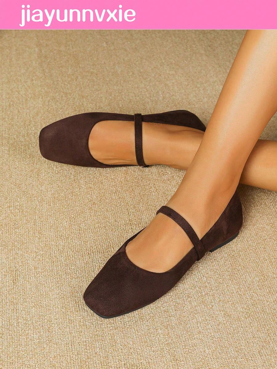 JiaYunNvXie Velvet Mary Jane Square Toe Flat Shoes, Coffee Color
