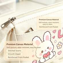 Cute Cartoon Rabbit & Bear Canvas Pencil Case, Heart Pattern Large Capacity Pencil Pouch, Perfect Back To School Gift For Kids, First Day Of School - Multicolor - View 3