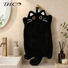 2-Piece And 1-Piece Wall-Mounted Black Cat Hand Towels, Kitchen Heat-Resistant Mats, Thickened Absorbent Coral Fleece Cleaning Cloths And Hand Towels - Black Cat - View 1