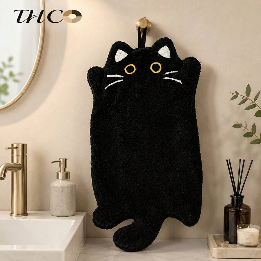 2-Piece And 1-Piece Wall-Mounted Black Cat Hand Towels, Kitchen Heat-Resistant Mats, Thickened Absorbent Coral Fleece Cleaning Cloths And Hand Towels - Black Cat - View 1