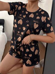 Women's Heart Print Short Sleeve Pajama Shorts Set 2pcs - Black - View 3