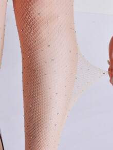 1 Pair Rhinestone Fishnet Tights With Starry Colorful Crystals - Apricot - View 4