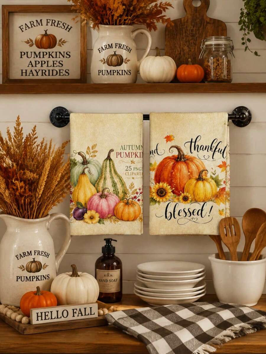2 pièces Serviettes de cuisine à motif de feuille d'érable d'automne & citrouille pour Thanksgiving, serviettes de salle de bain, torchons, style ferme vintage, matériau microfibre, rectangulaire, motif imprimé numérique 40*60CM, convient pour la décoration de cuisine d'automne à la maison, la décoration de fête en plein air, cadeau de fête de Thanksgiving, cadeau d'anniversaire