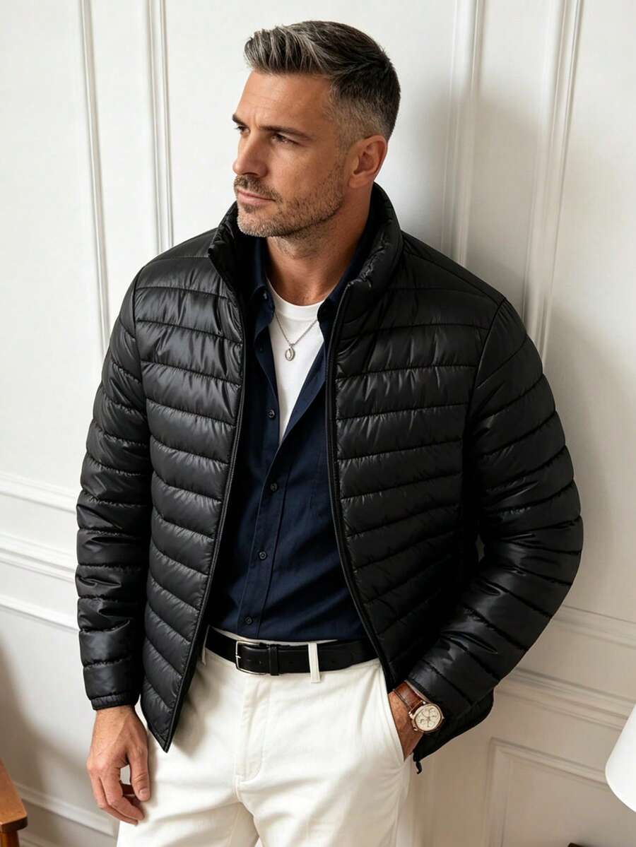 Men's Winter Solid Color Casual Minimalist Style Warm Padded Coat - Black - View 1