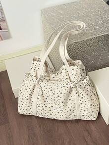 Sweet Cute Star Print Canvas Tote Bag With Dual Drawstring Closure, Soft Large Capacity Shoulder Bag, Fresh College Style Lightweight Bag Suitable For Class And Commute, Can Store Books And Personal Items, Women's Bag - Beige - View 8