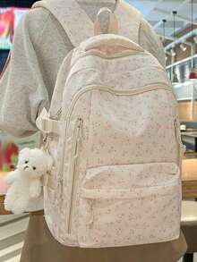 新開學季時尚印花女款後背包，多隔層口袋設計，加厚學生背包，防水大容量，附泰迪熊吊飾配件 - 白色 - 查看 6
