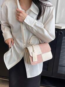 1件女款拼色PU皮革手提包，時尚多隔層單肩斜跨包，適合購物、通勤、送禮 - 彩色 - 查看 6