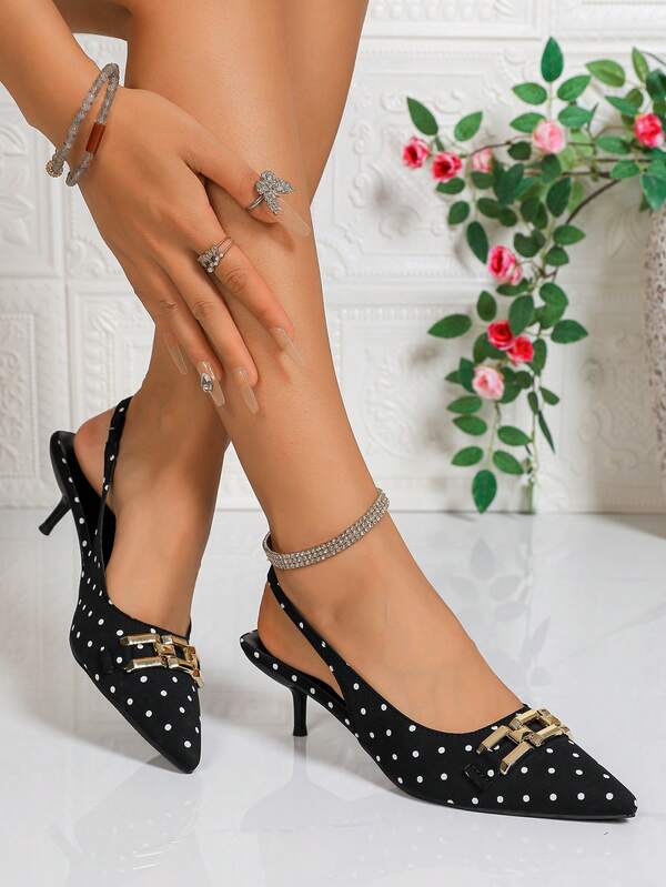 Vintage Polka Dot Metal Buckle Backless Stiletto High Heel Pumps Women Pointed Toe Low Vamp French Style Closed Toe Strap Elegant Shoes