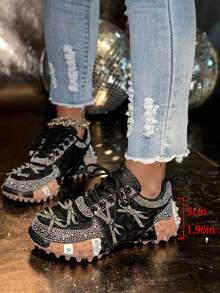 LiangJingJing Zapatos casuales rosas para mujer con patchwork de bloques de color, estilo de fiesta de moda, adornos de cristales artificiales, lentejuelas y gemas, zapatillas deportivas brillantes, adecuadas para gimnasio, exterior, todas las estaciones - Negro - Ver 7