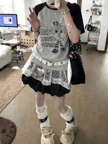 女款夏季新款休閒字母印花圓領插肩對比色純棉短袖T恤上衣 - 深花灰 - 查看 1