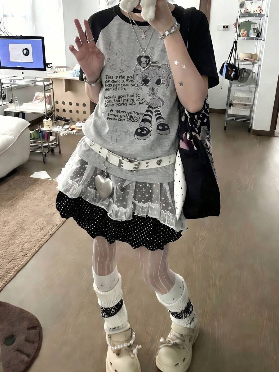 女款夏季新款休閒字母印花圓領插肩對比色純棉短袖T恤上衣 - 深花灰 - 查看 1