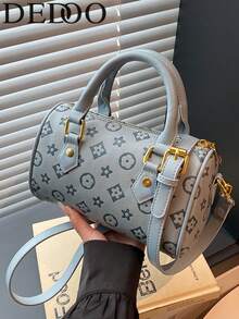 Dedoo 女款迷你水桶包 PU 皮革手提包，字母印花頂部手柄包，附可拆卸肩帶，復古斜挎單肩包，適合日常出遊 - 藍色 - 查看 2